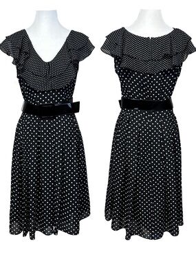 Adrianna Papell Polka Dot Belted Ruffle Chiffon Midi Dress 8 Rockabilly Office